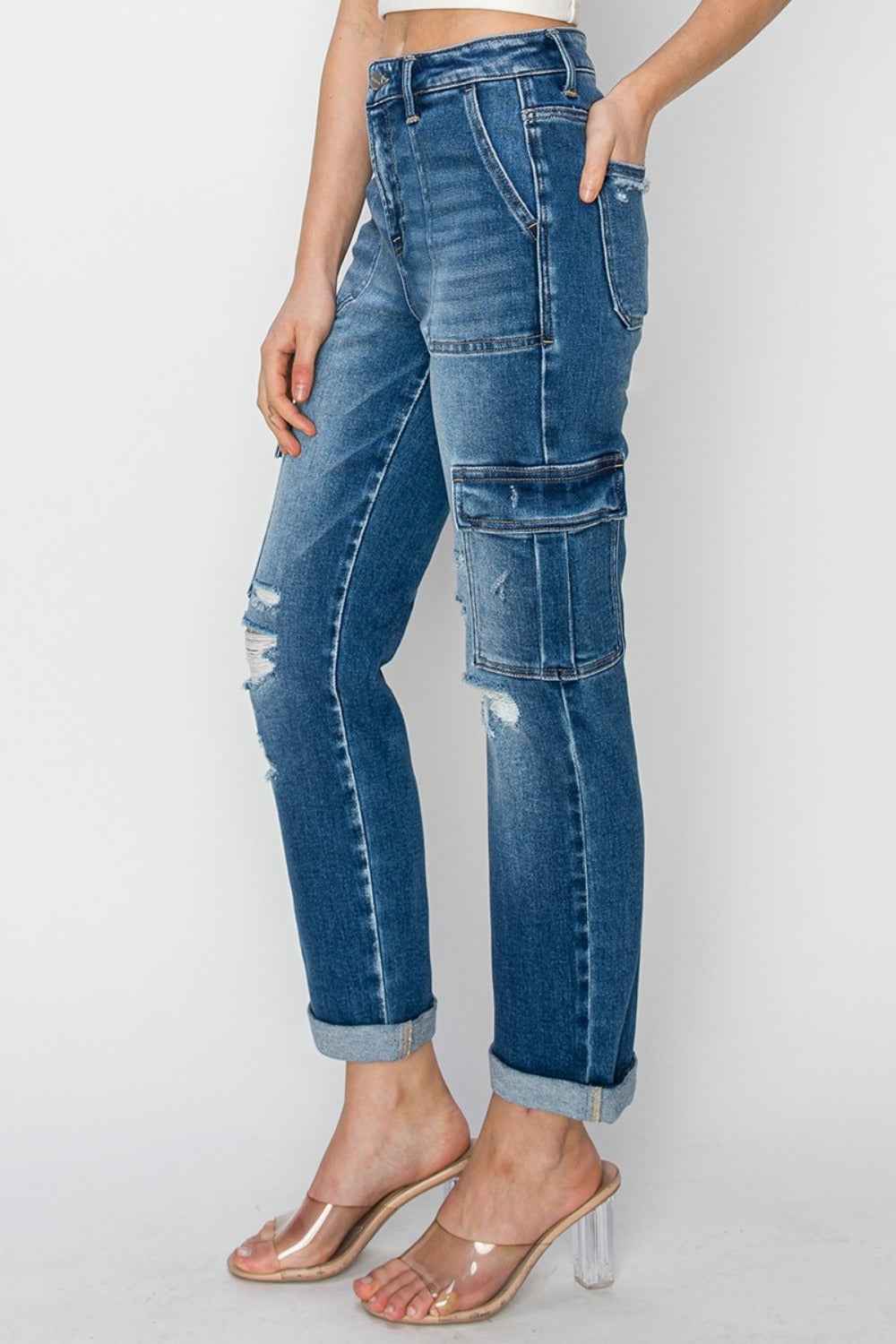 RISEN High Rise Cargo Straight Leg Jeans