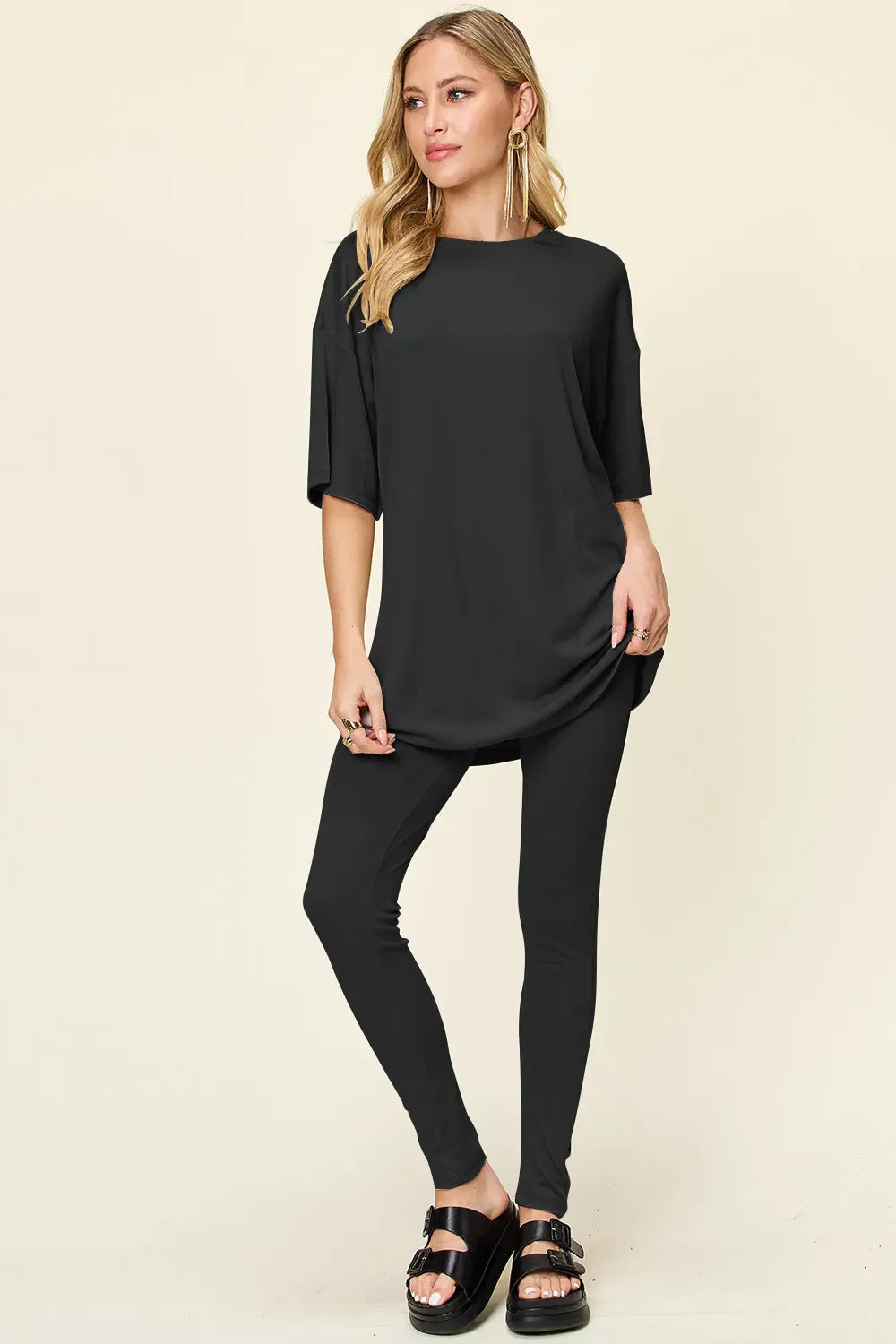 Women Two Piece T Shirt And Leggings Set With Dropped Shoulder Round Neck Full Size Comfortable Everyday Casual