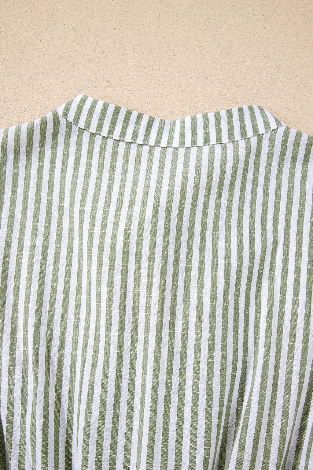 Green Stripe Tasseled Tie Neck Ruffled Short Sleeve Tiered Flattering Dress