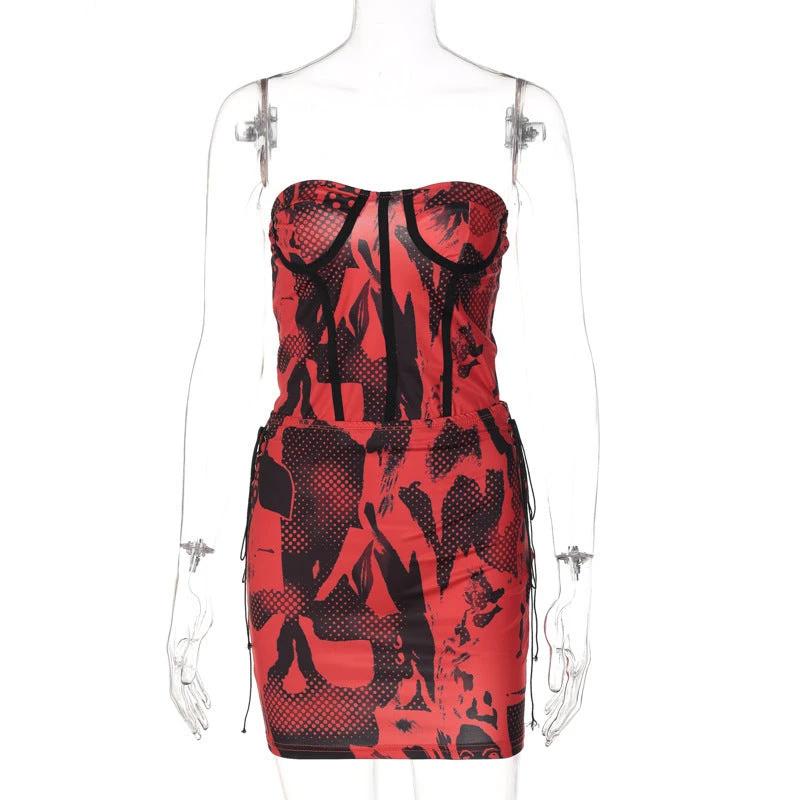 Sleeveless Corset  Top Drawstring High Waist Skirt