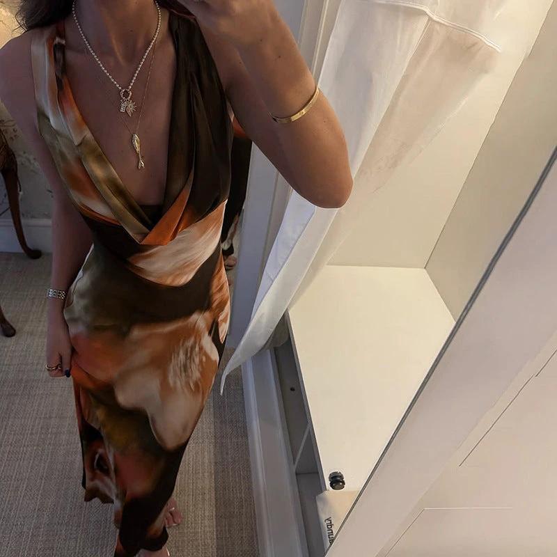 Retro Swing Collar Printing Color Contrast High Waist Long Dress