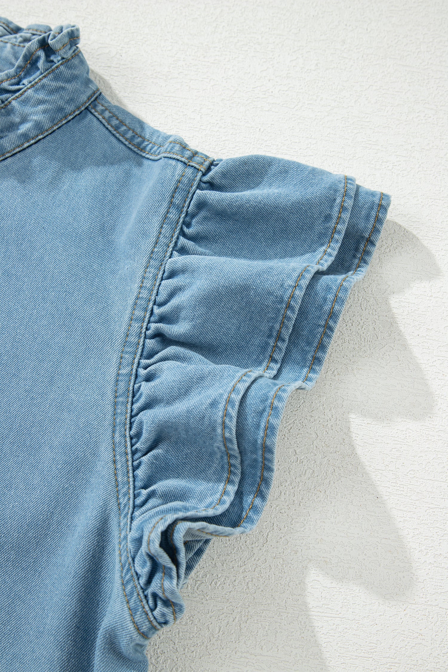 Myosotis Frilled Detail Button Down Ruffle Short Sleeve Denim Mini Dress