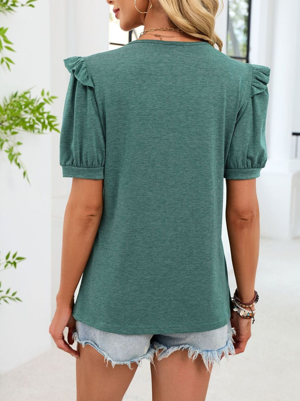 Women's Solid Color Ruffled Short Sleeve Crew Neck T-Shirt