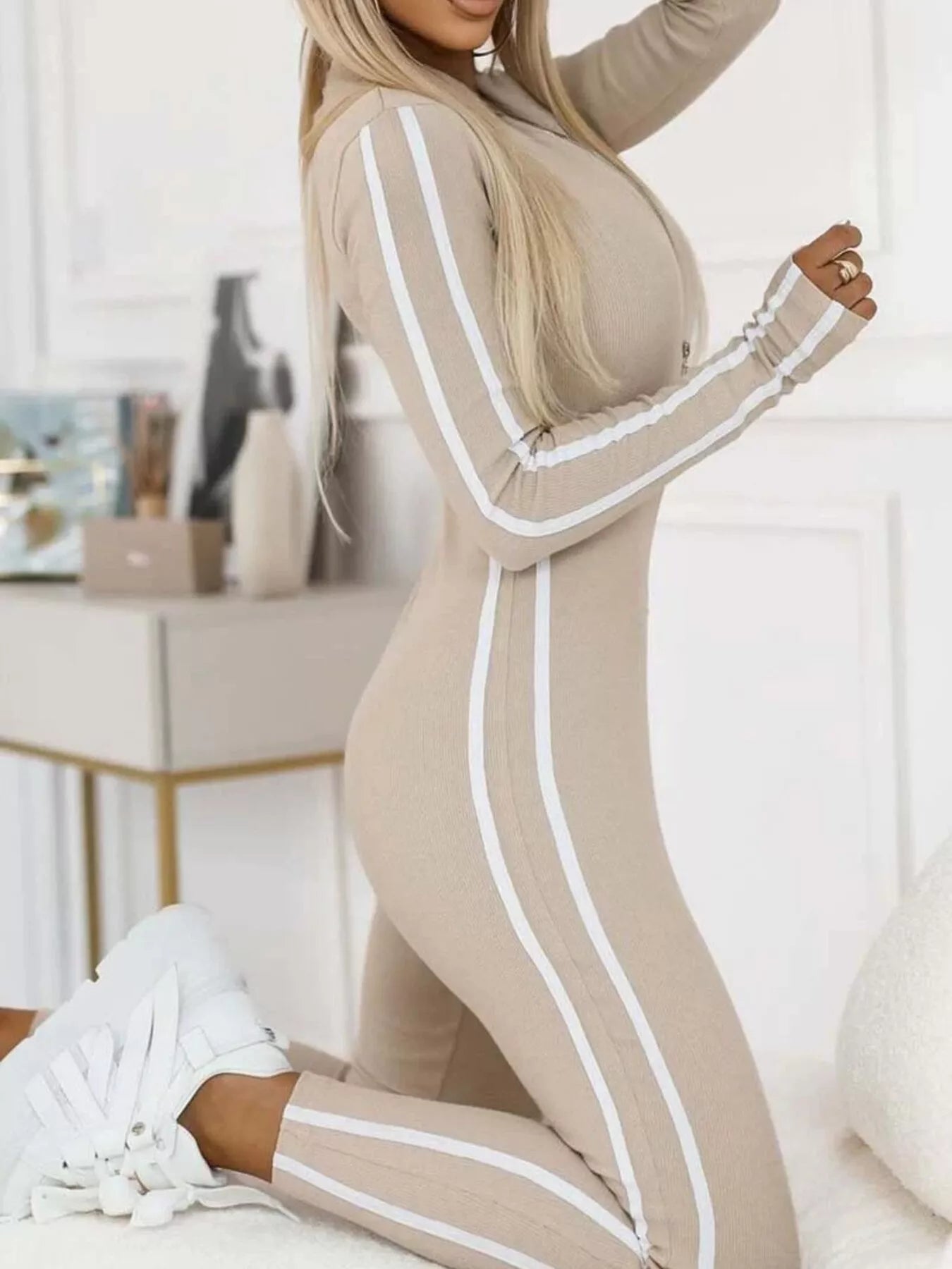 Full Size Stripe Zip-Front : Long Sleeve Jumpsuit Plus Size