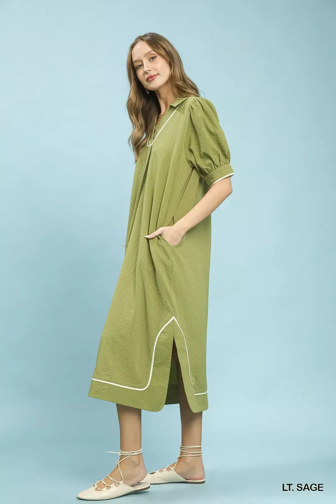 Light Sage Seersucker Midi Dress with Contrast Piping Trim