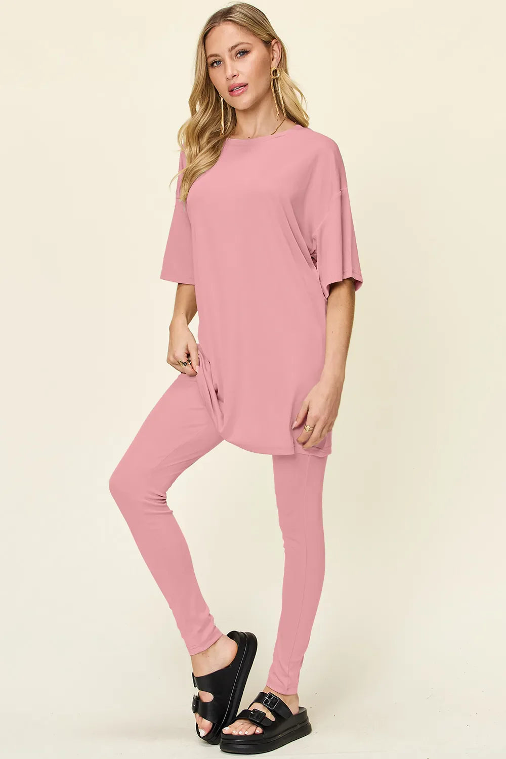 Women Two Piece T Shirt And Leggings Set With Dropped Shoulder Round Neck Full Size Comfortable Everyday Casual