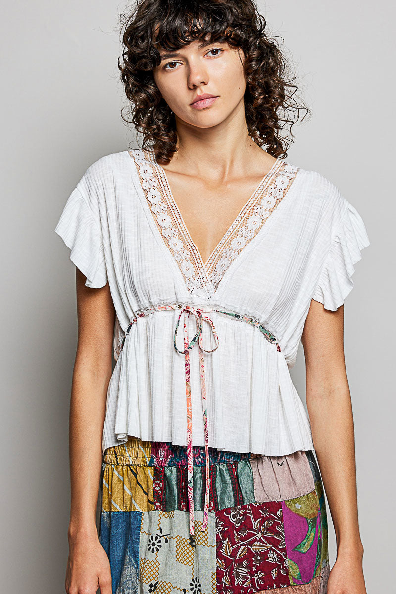 White Tied Ruffled V-Neck Short Sleeve Blouse with Lace Details