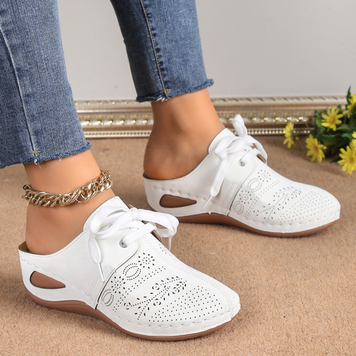 Women's Black Lace-Up Slip-On Mules Casual Comfort Wedge Shoes