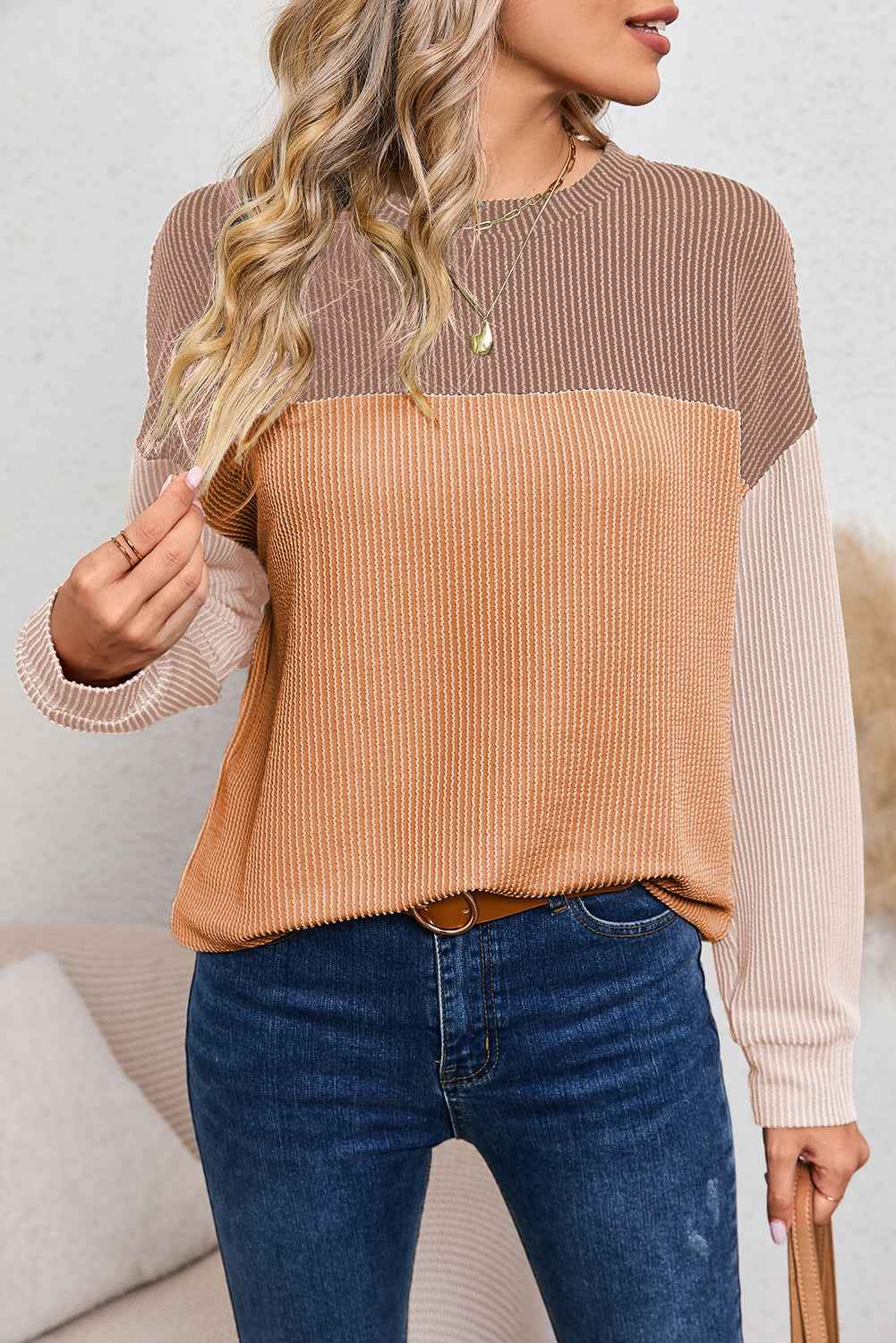Color Block Ribbed Women's Top - Khaki Long Sleeve Loose Fit