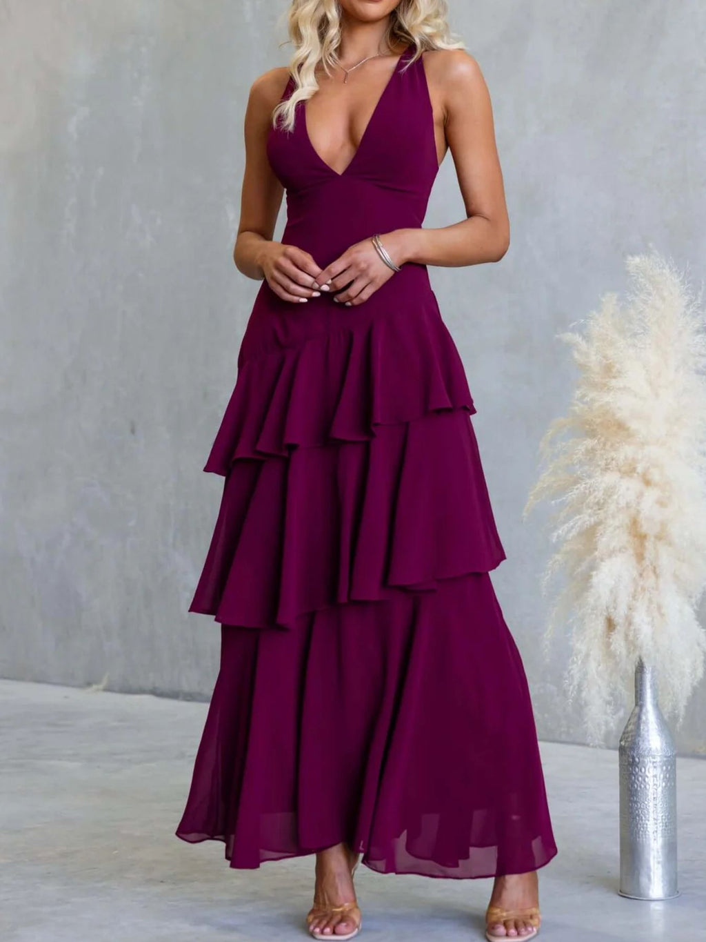 Yellow Sleeveless Ruffled Tiered Maxi Dress for Summer Events