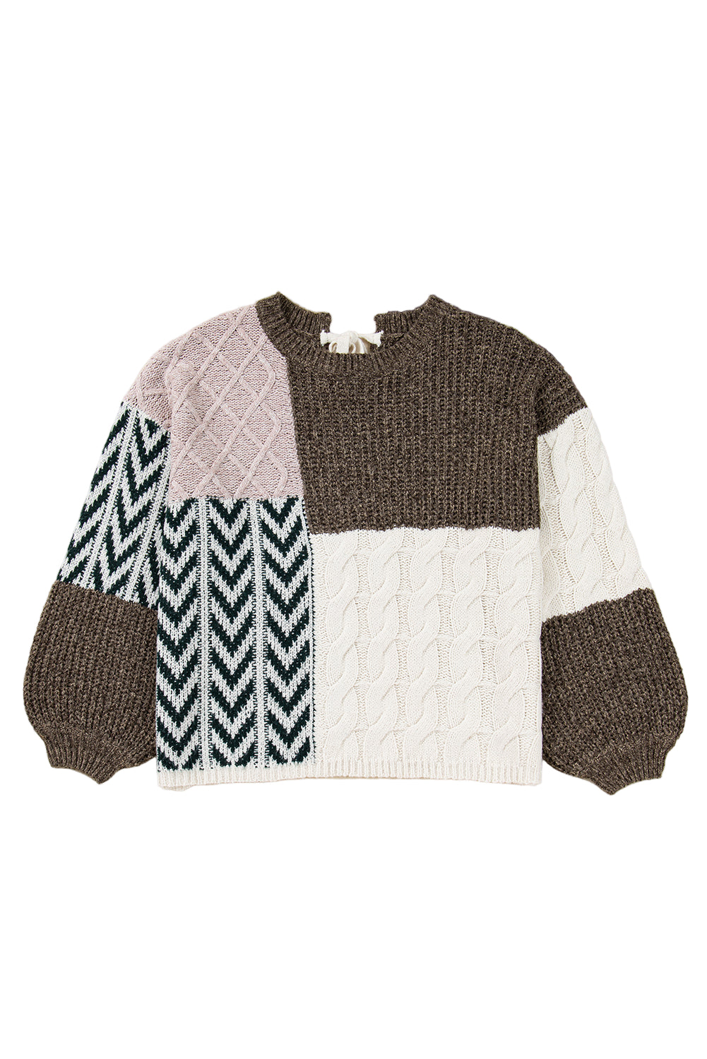 Brown Plus Size Color Block Patchwork Knotted Back Loose Fit Sweater