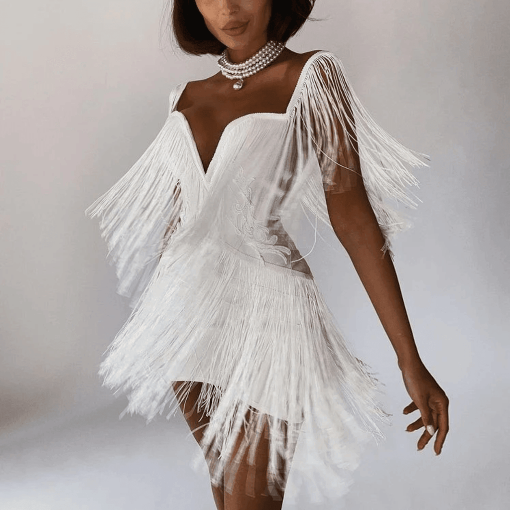 Celestial Chic White Tassel Off-Shoulder Mini Dress