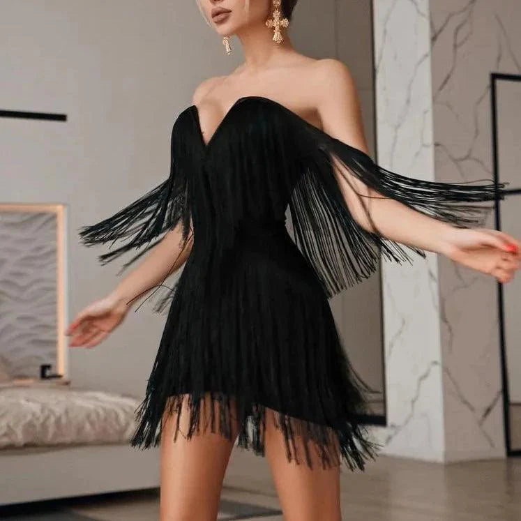 Celestial Chic Black Tassel Off-Shoulder Mini Dress