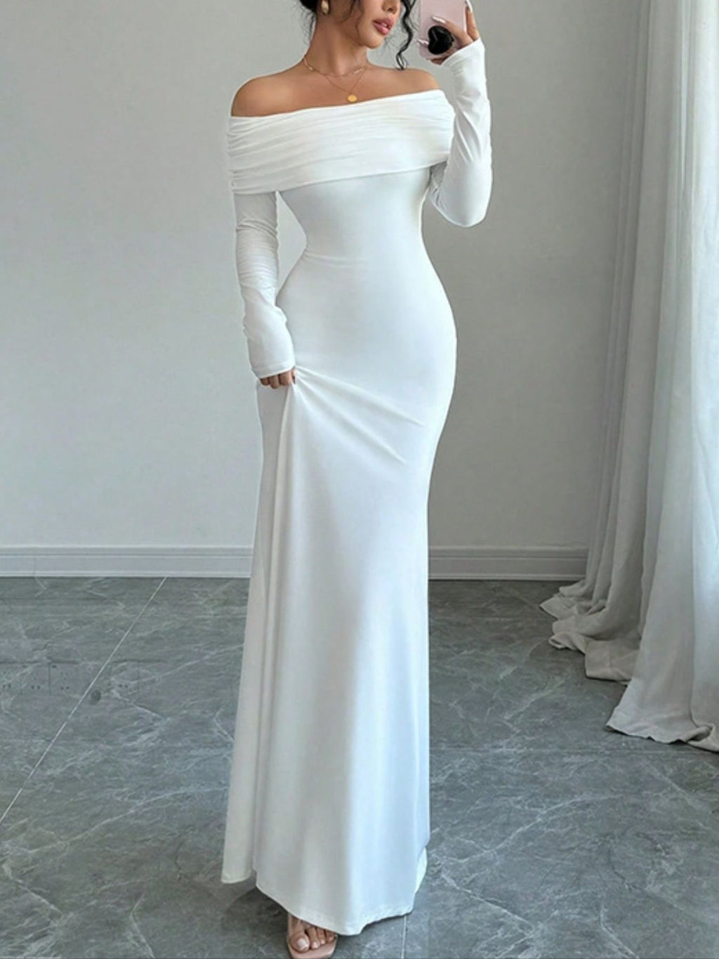 White Off-Shoulder Long Sleeve Bodycon Maxi Dress