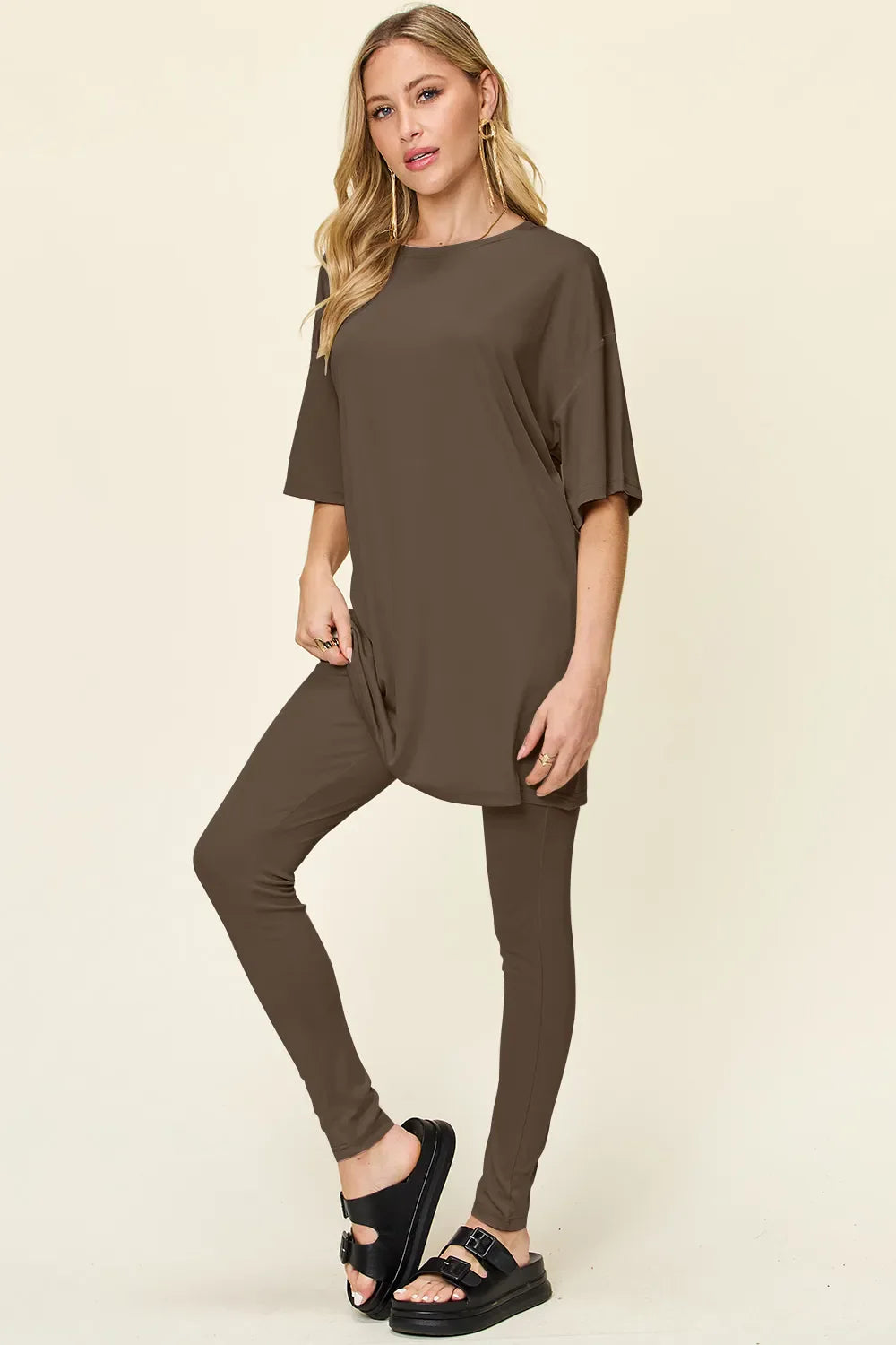 Women Two Piece T Shirt And Leggings Set With Dropped Shoulder Round Neck Full Size Comfortable Everyday Casual