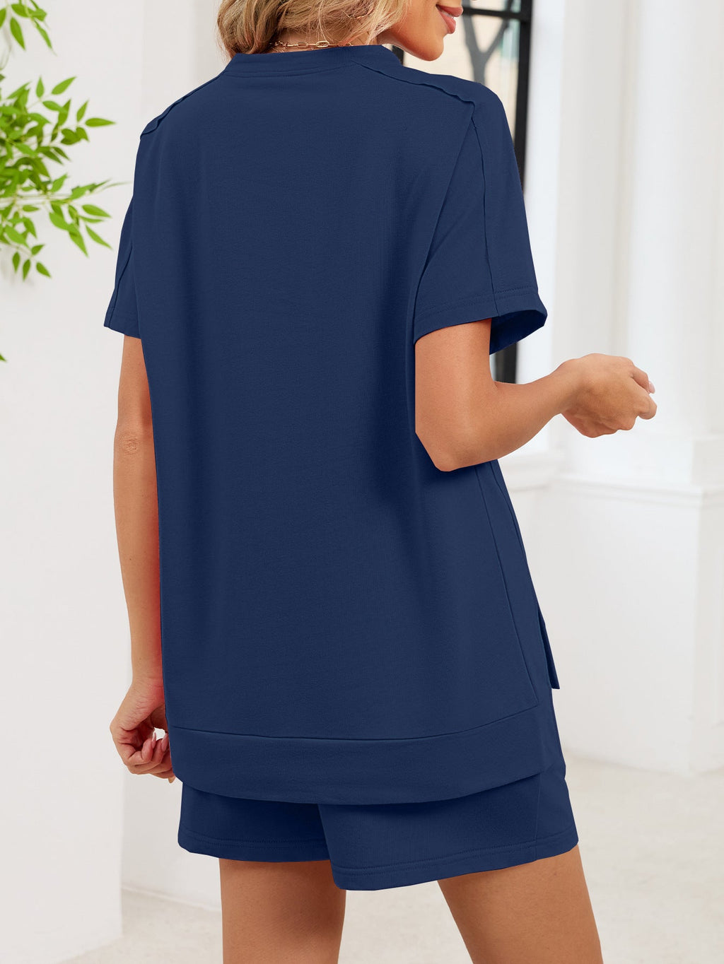 Women's Round Neck Short Sleeve T-Shirt and Shorts Lounge Set