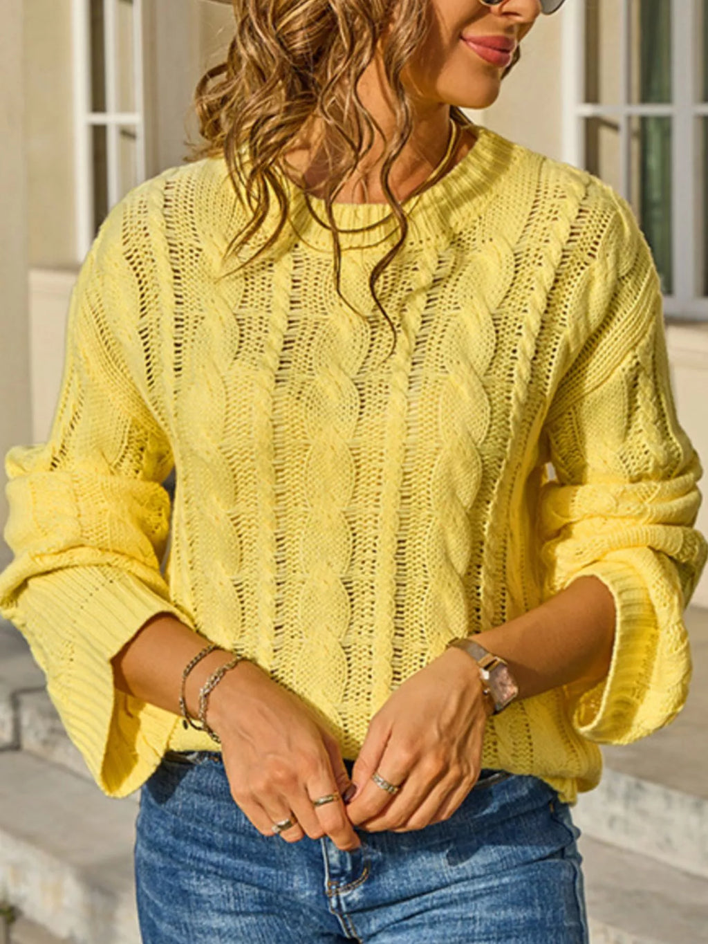 Women's White Cable Knit Long Sleeve Openwork Sweater