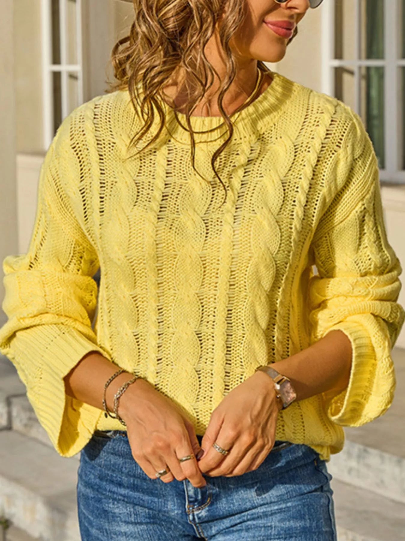 Women's White Cable Knit Long Sleeve Openwork Sweater