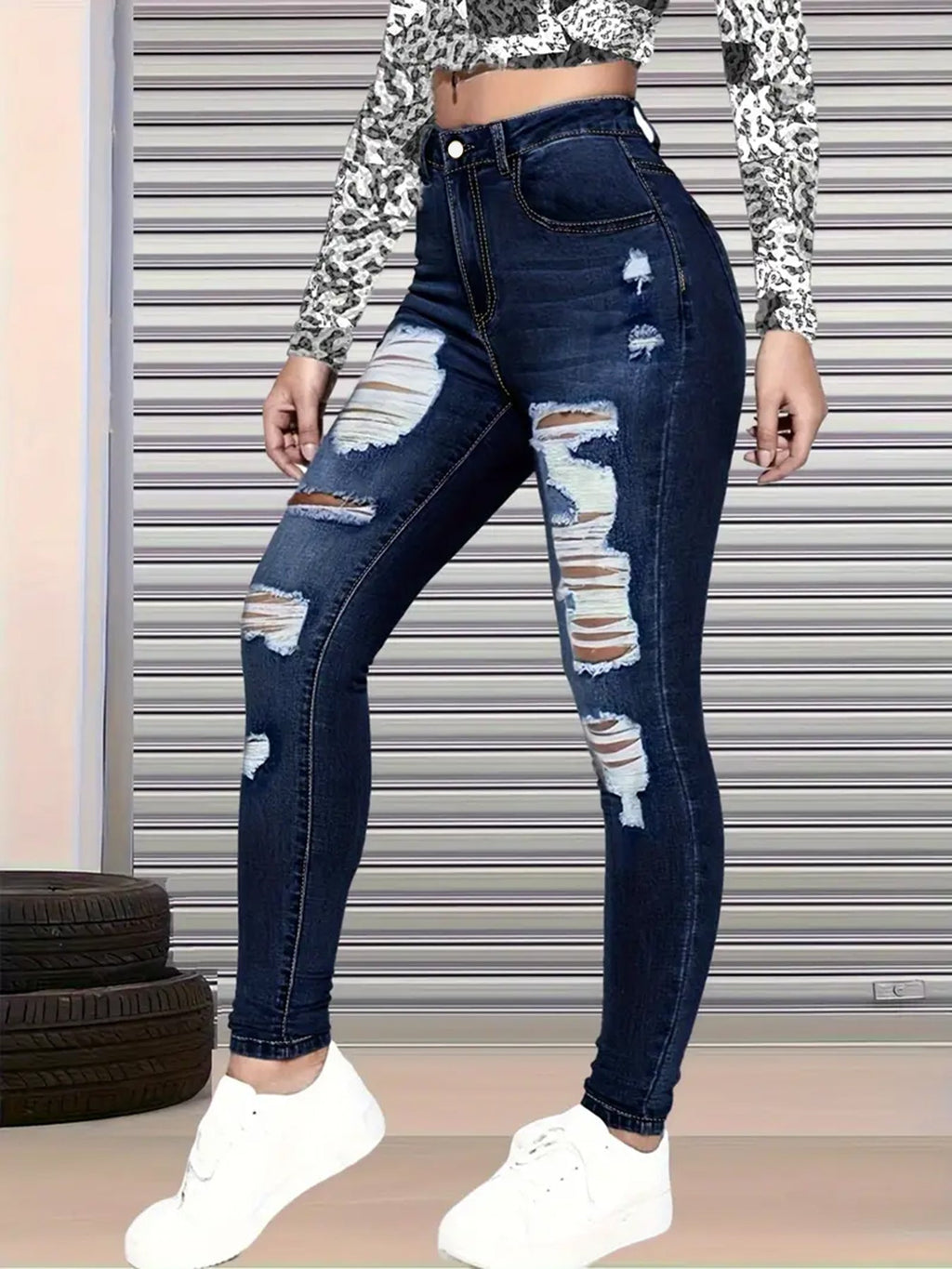 New High Waisted, Hip Lifted, Tight Fitting Women's Jeans With A Ripped Nine Quarter Cut, Suitable For Minimalist Fashion In Summer See size chart under “more details”