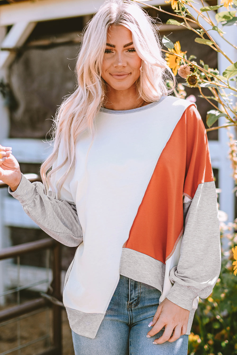 Khaki Colorblock Stitching Irregular Hem Long Sleeve Women's Top