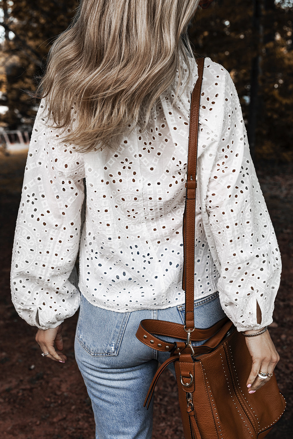 White Eyelet Puff Sleeve Blouse with V Neck