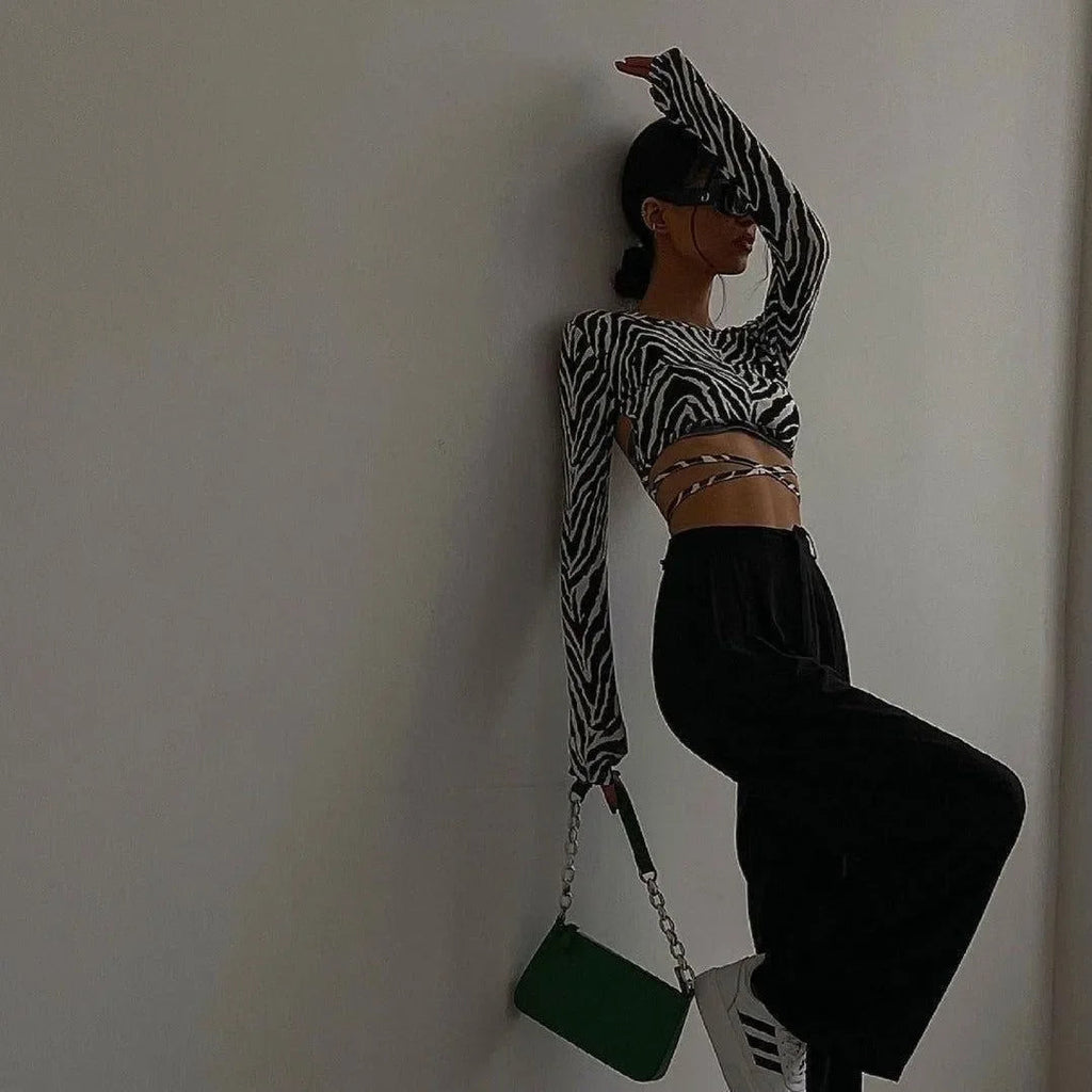 Christy Zebra Print Long Sleeve Crop Top