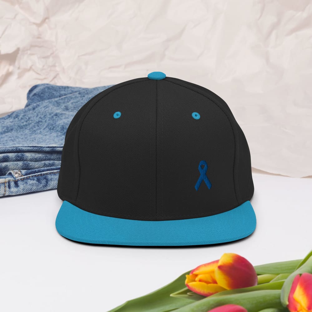 Colon Cancer Awareness Flat Brim Snapback Hat with Dark Blue Ribbon