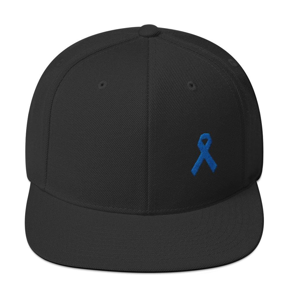 Colon Cancer Awareness Flat Brim Snapback Hat with Dark Blue Ribbon