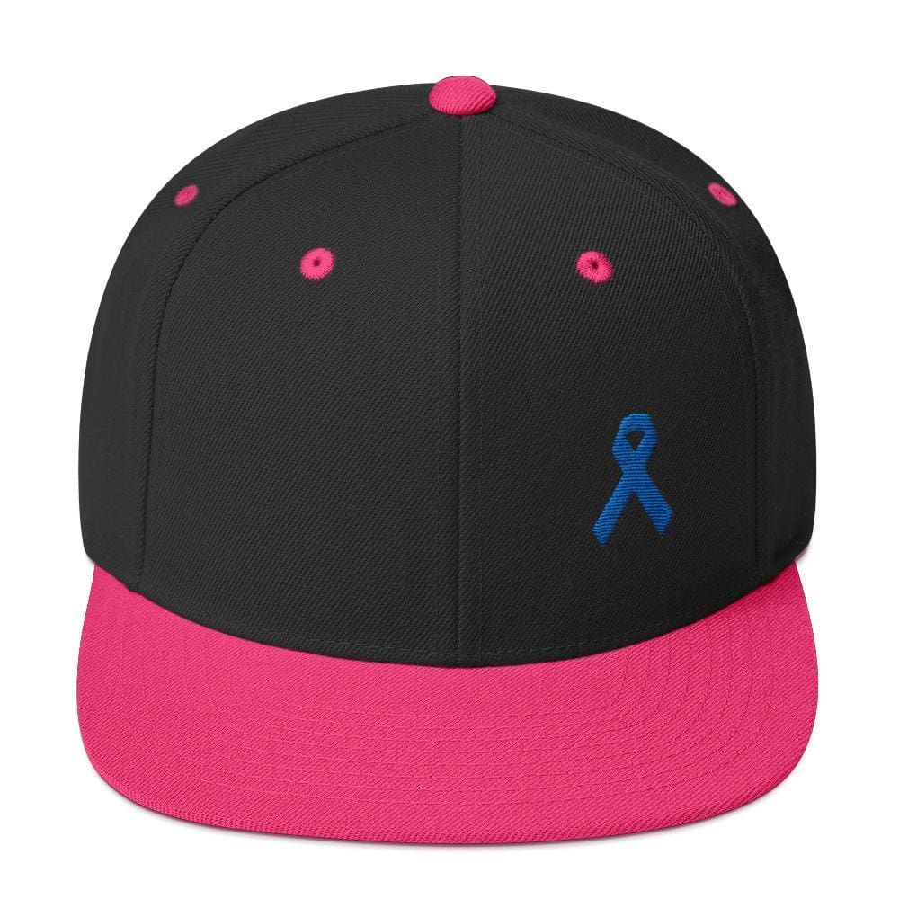 Colon Cancer Awareness Flat Brim Snapback Hat with Dark Blue Ribbon