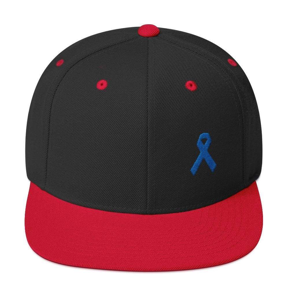 Colon Cancer Awareness Flat Brim Snapback Hat with Dark Blue Ribbon
