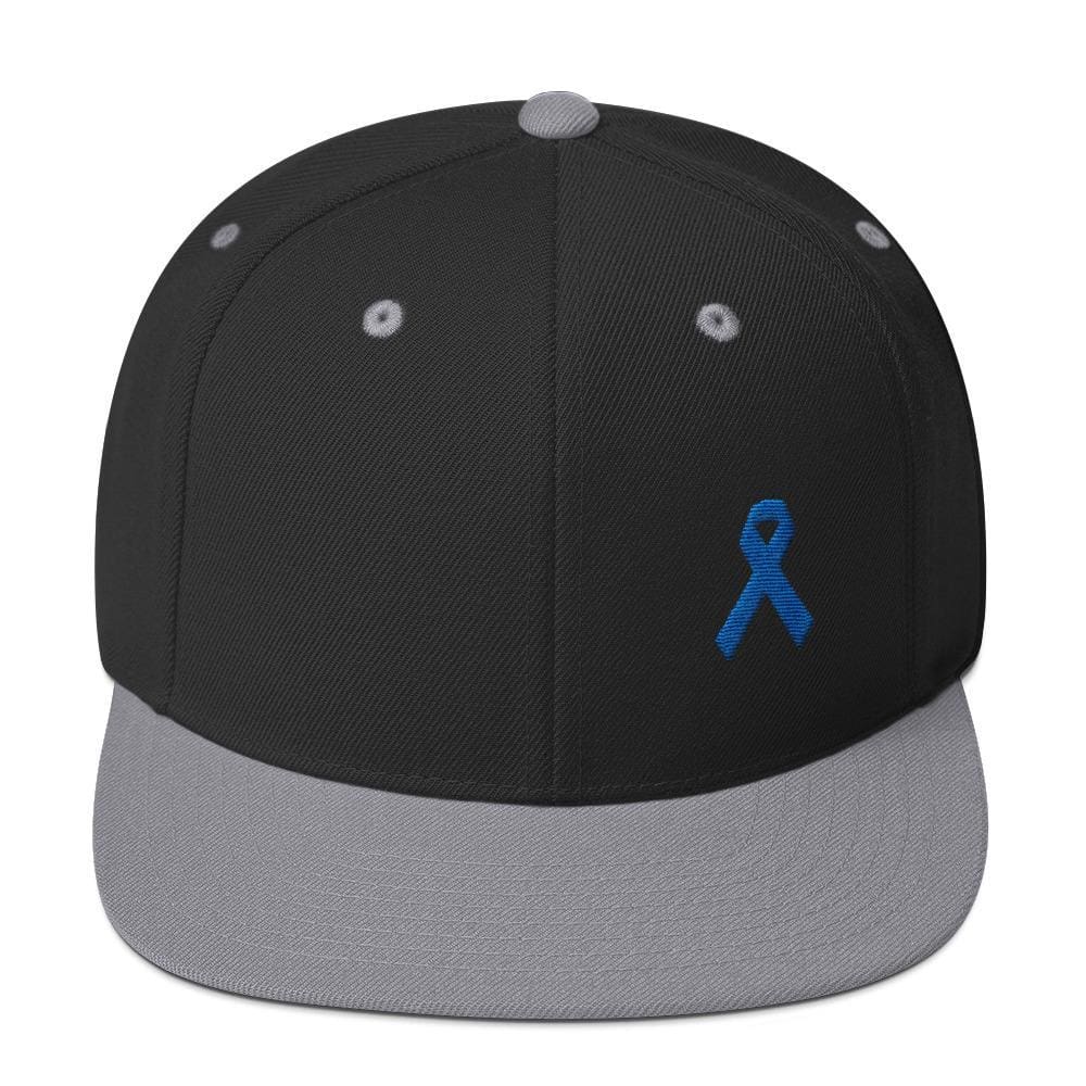 Colon Cancer Awareness Flat Brim Snapback Hat with Dark Blue Ribbon
