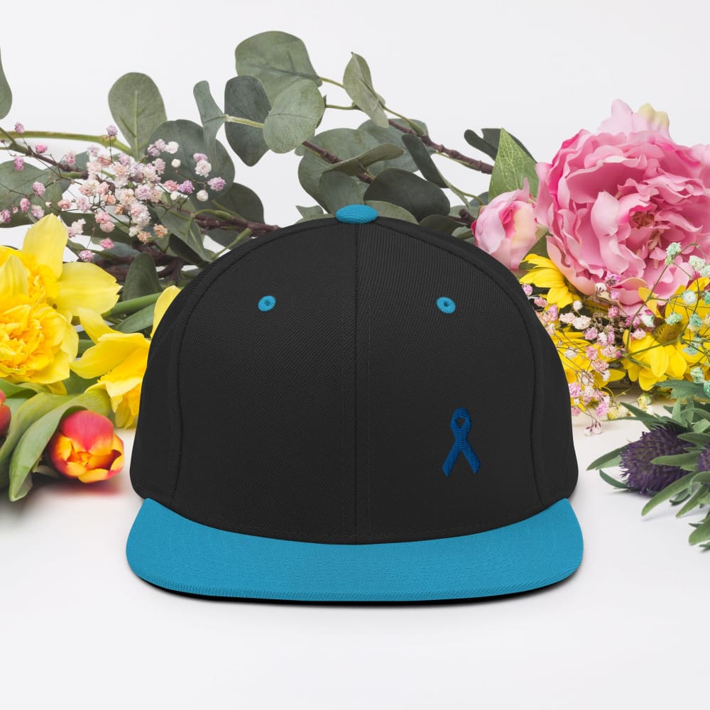 Colon Cancer Awareness Flat Brim Snapback Hat with Dark Blue Ribbon