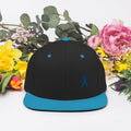 Colon Cancer Awareness Flat Brim Snapback Hat with Dark Blue Ribbon