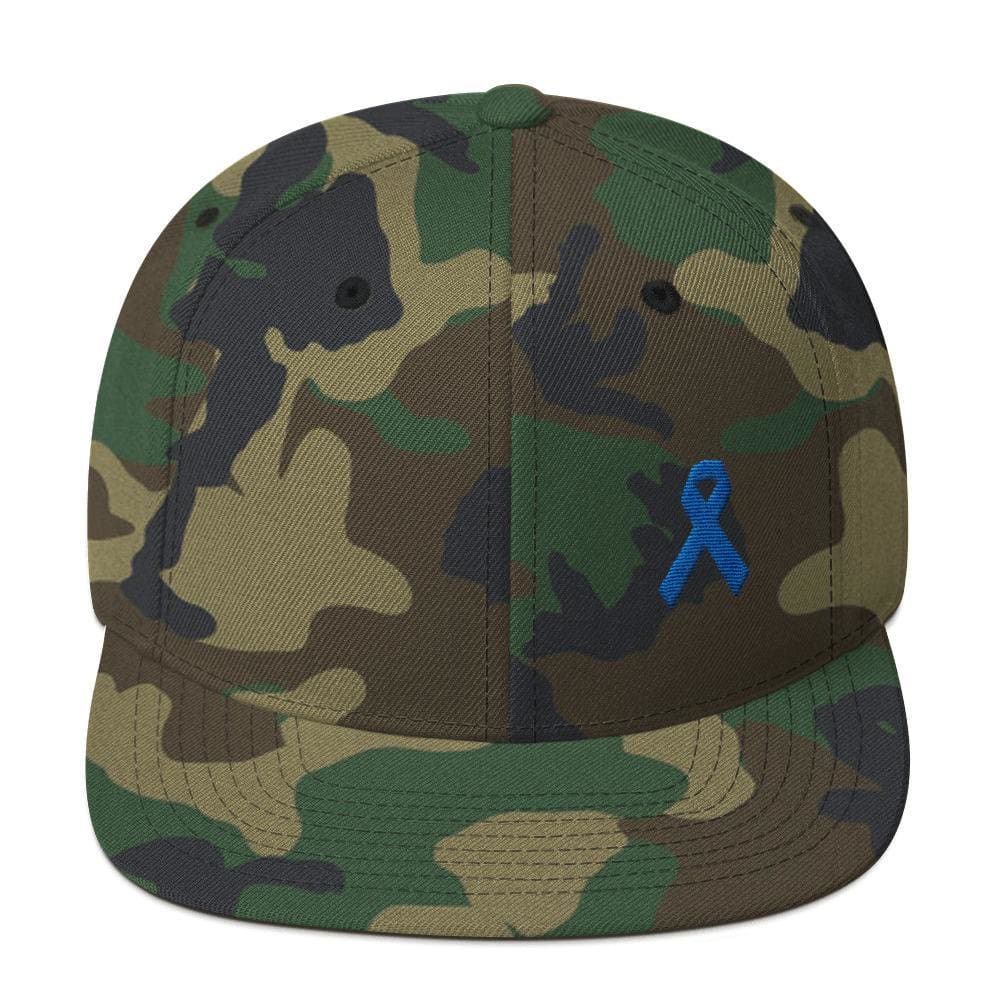 Colon Cancer Awareness Flat Brim Snapback Hat with Dark Blue Ribbon