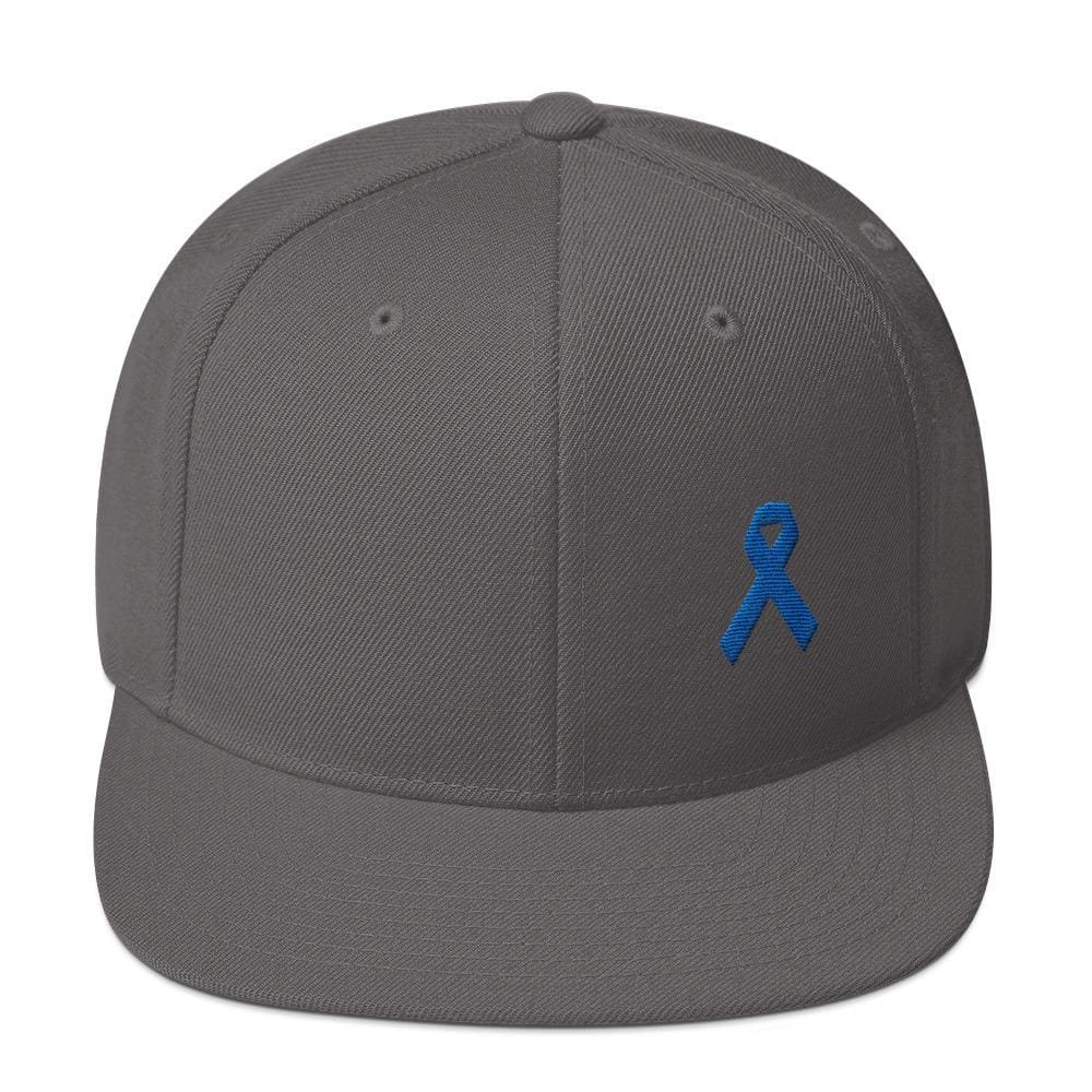 Colon Cancer Awareness Flat Brim Snapback Hat with Dark Blue Ribbon