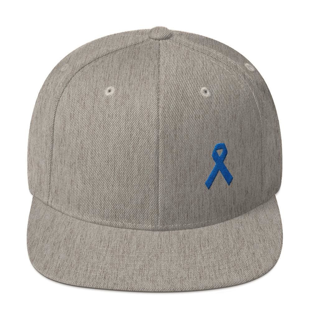 Colon Cancer Awareness Flat Brim Snapback Hat with Dark Blue Ribbon