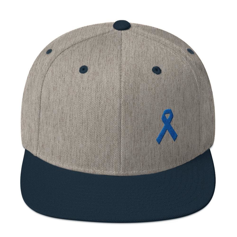 Colon Cancer Awareness Flat Brim Snapback Hat with Dark Blue Ribbon