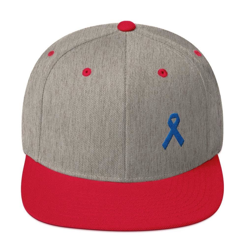 Colon Cancer Awareness Flat Brim Snapback Hat with Dark Blue Ribbon
