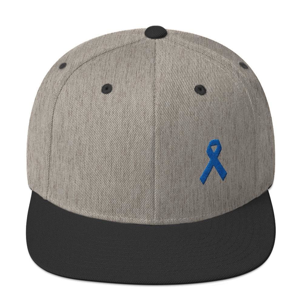 Colon Cancer Awareness Flat Brim Snapback Hat with Dark Blue Ribbon