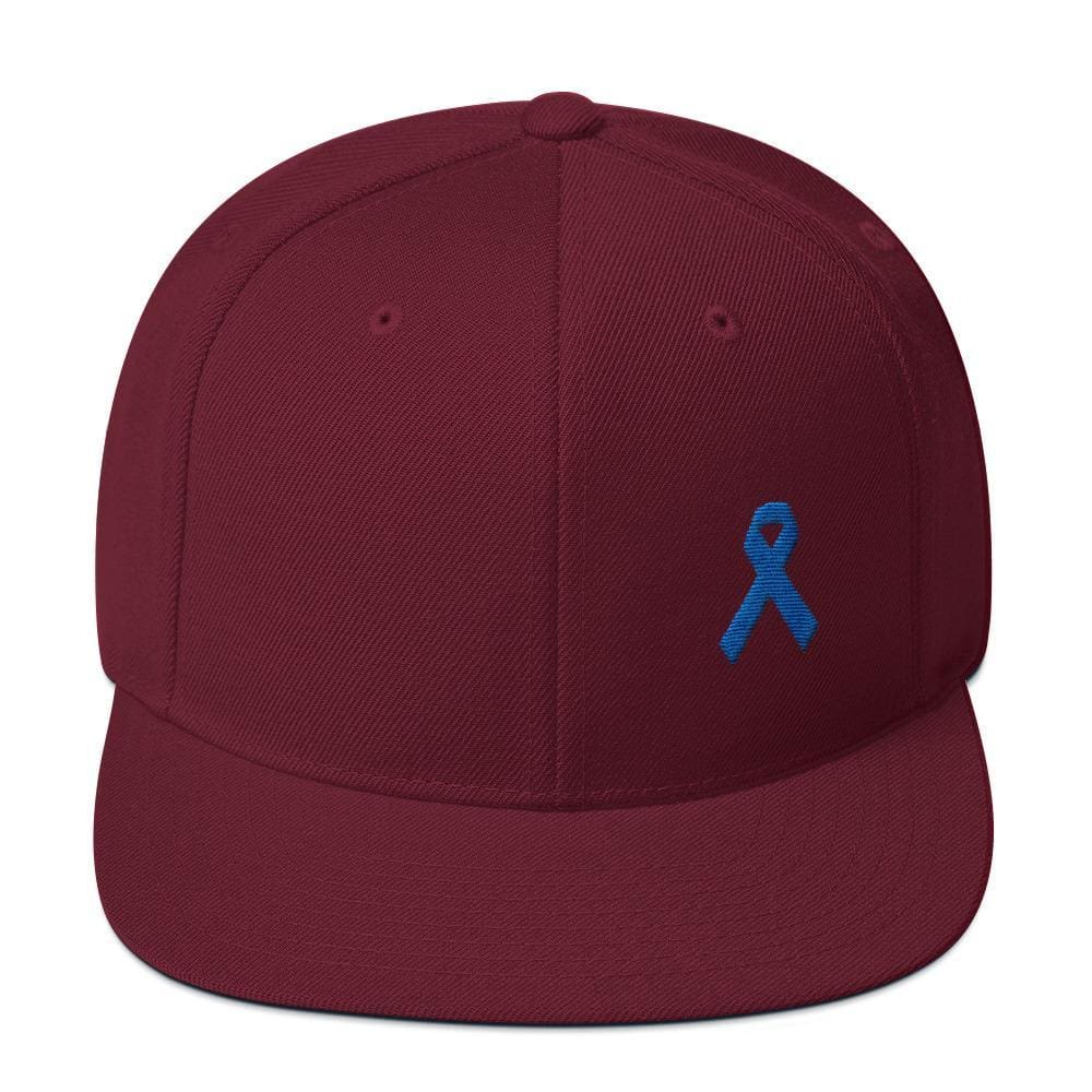 Colon Cancer Awareness Flat Brim Snapback Hat with Dark Blue Ribbon
