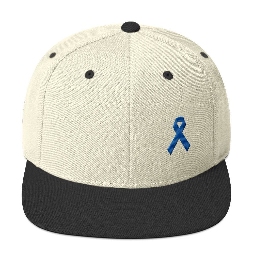 Colon Cancer Awareness Flat Brim Snapback Hat with Dark Blue Ribbon