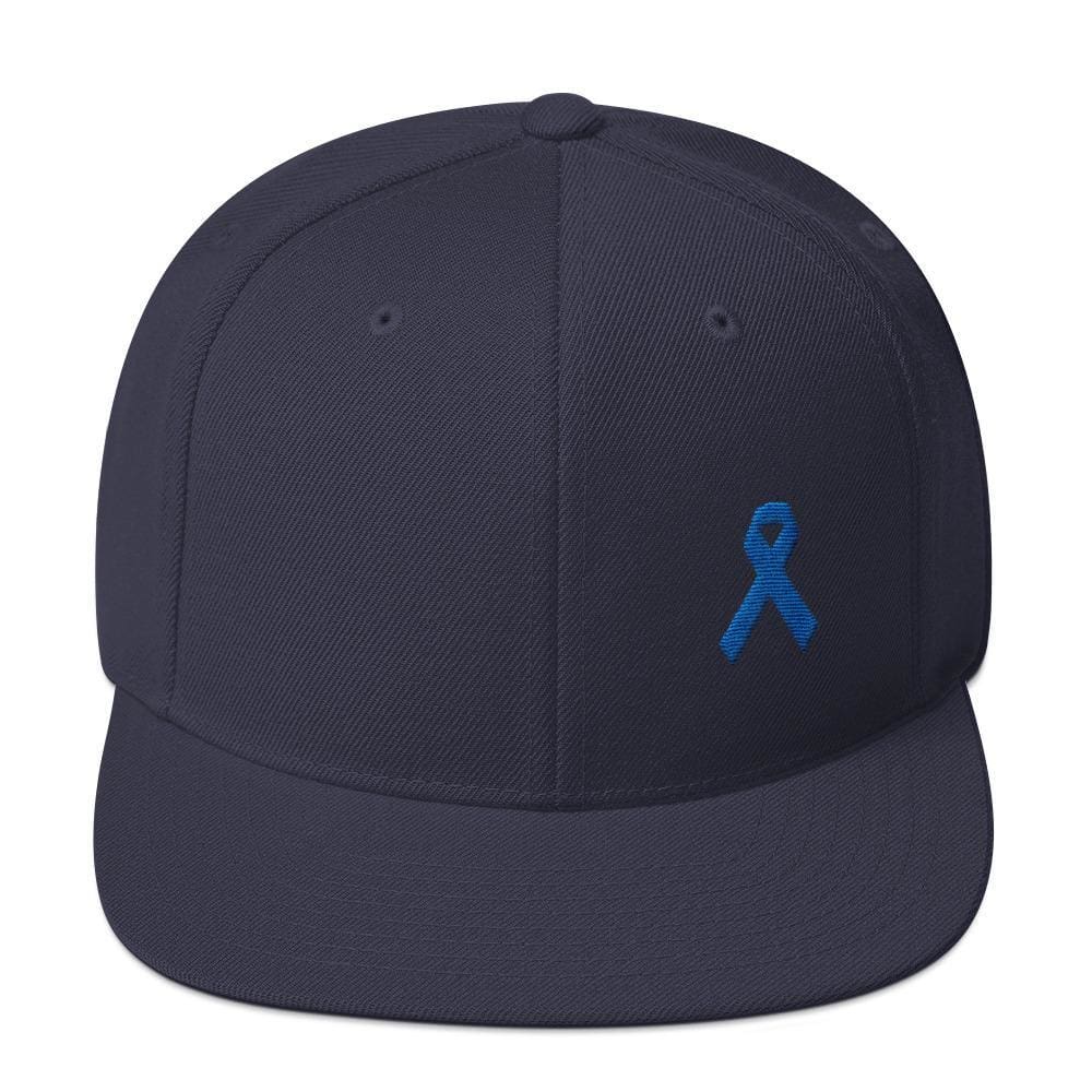 Colon Cancer Awareness Flat Brim Snapback Hat with Dark Blue Ribbon