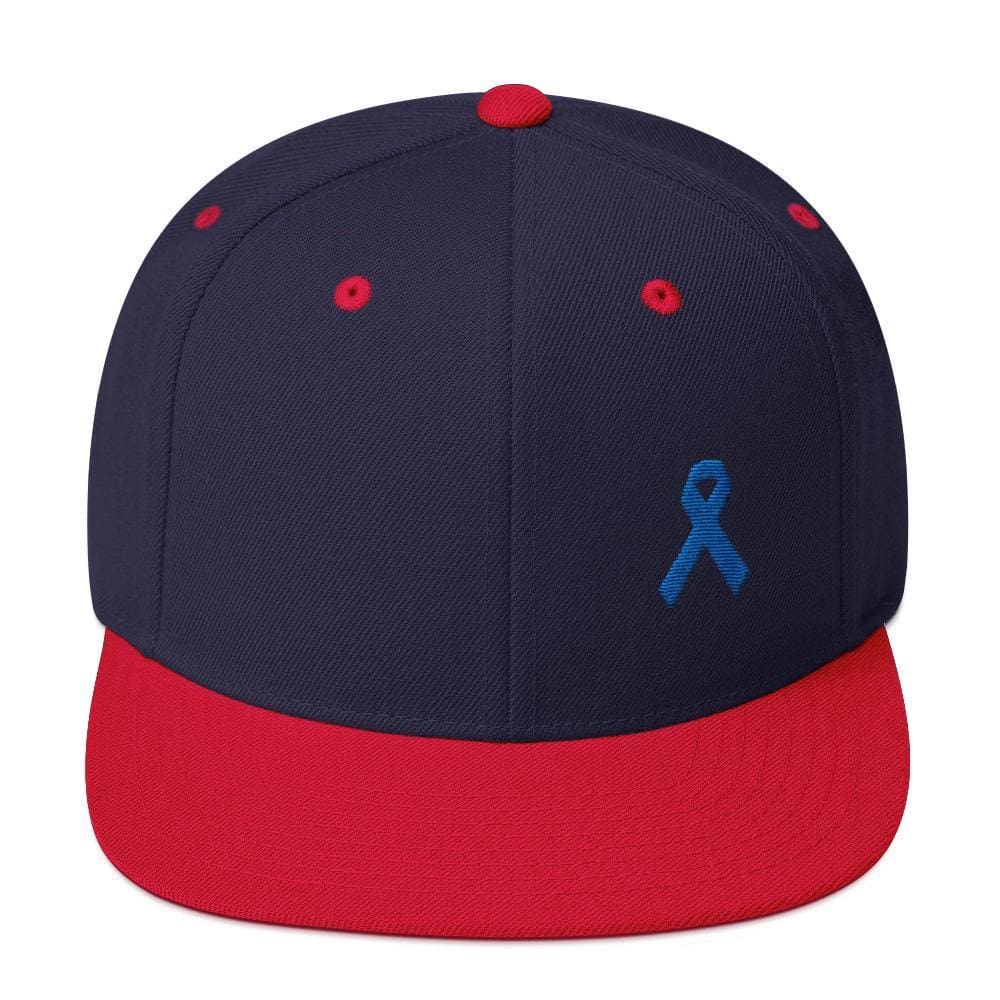 Colon Cancer Awareness Flat Brim Snapback Hat with Dark Blue Ribbon
