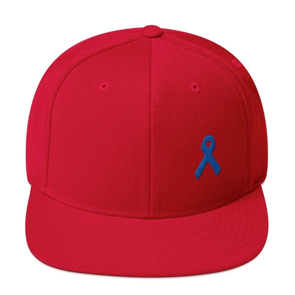 Colon Cancer Awareness Flat Brim Snapback Hat with Dark Blue Ribbon