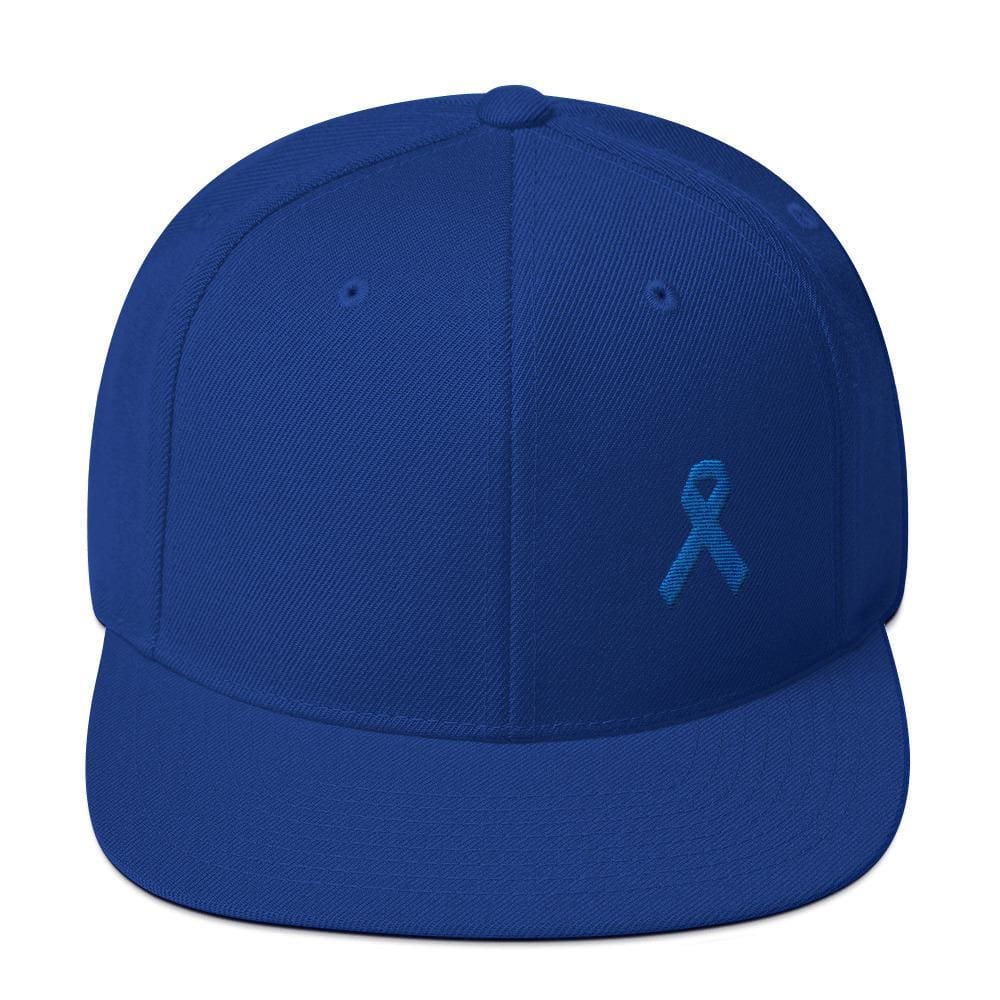 Colon Cancer Awareness Flat Brim Snapback Hat with Dark Blue Ribbon