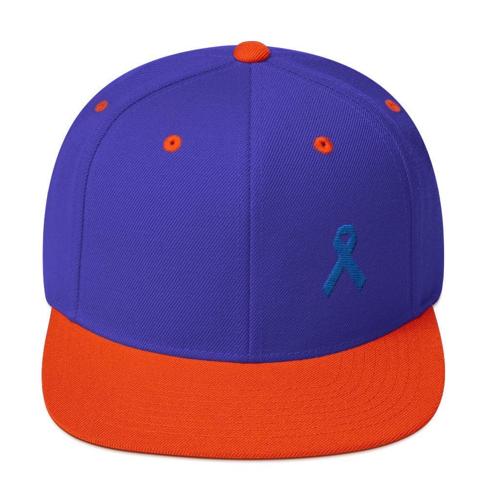 Colon Cancer Awareness Flat Brim Snapback Hat with Dark Blue Ribbon