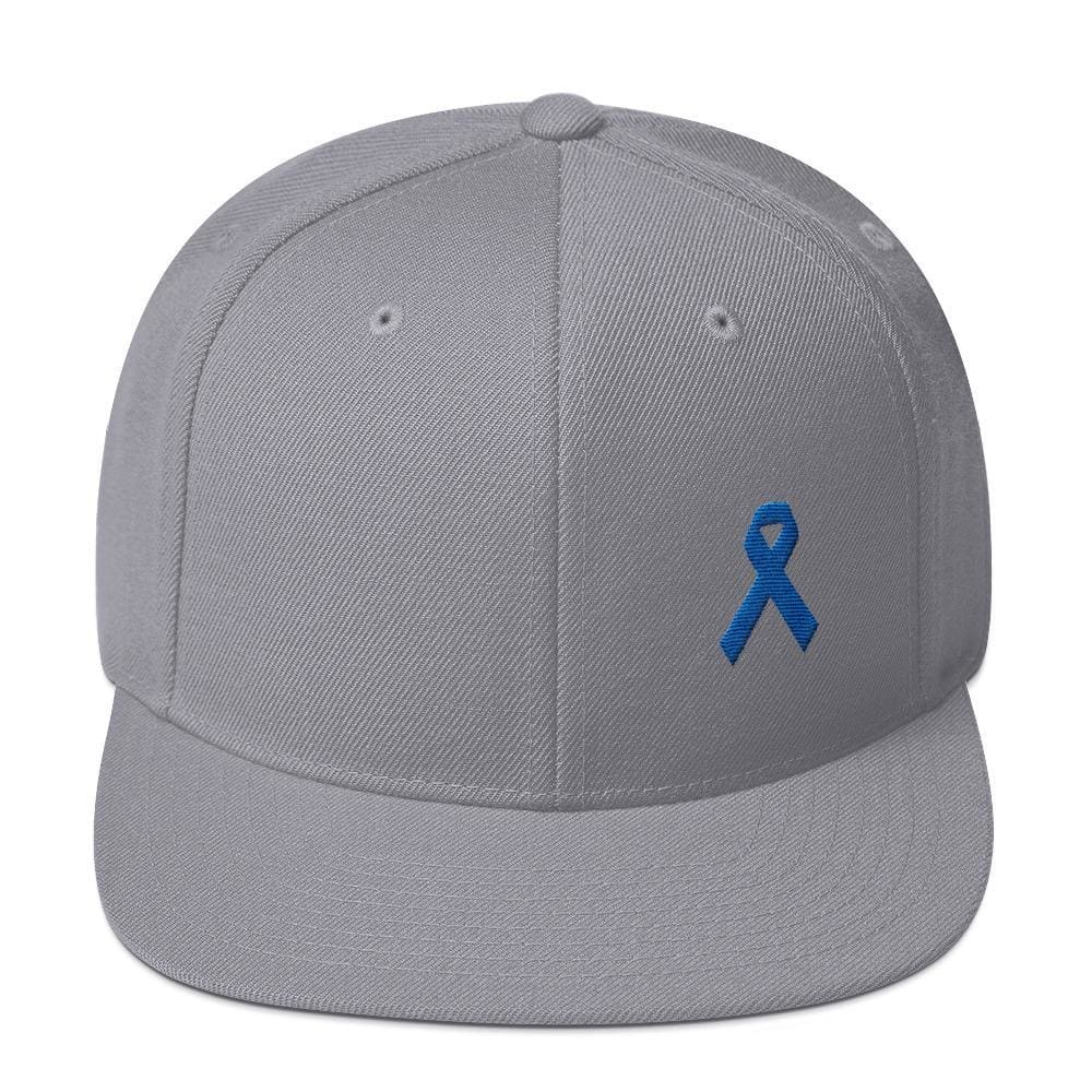Colon Cancer Awareness Flat Brim Snapback Hat with Dark Blue Ribbon