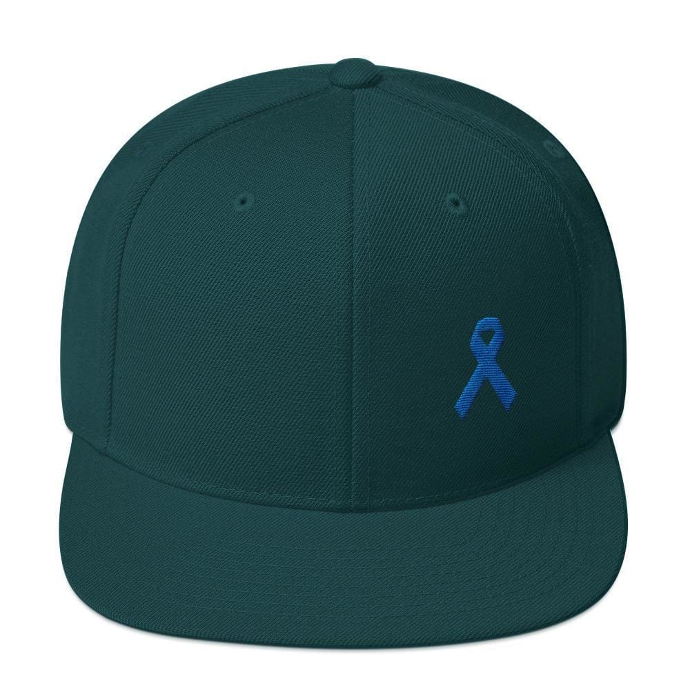Colon Cancer Awareness Flat Brim Snapback Hat with Dark Blue Ribbon