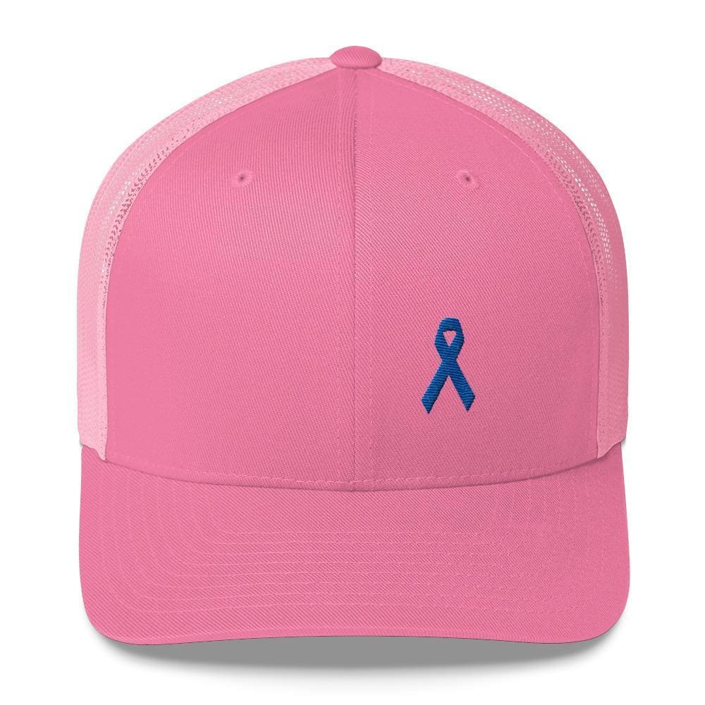 Colon Cancer Awareness Snapback Trucker Hat with Dark Blue Ribbon