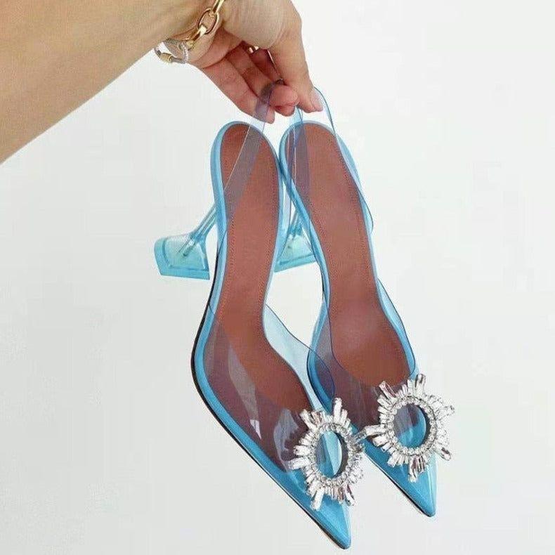 Color Cinderella Pointed Toe Light Blue Crystal Brooch Heels